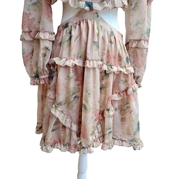 Ruffle Trim Lace-up back Floral Print Deep V-neck Waist Cutout, Size Medium - Picture 6 of 11